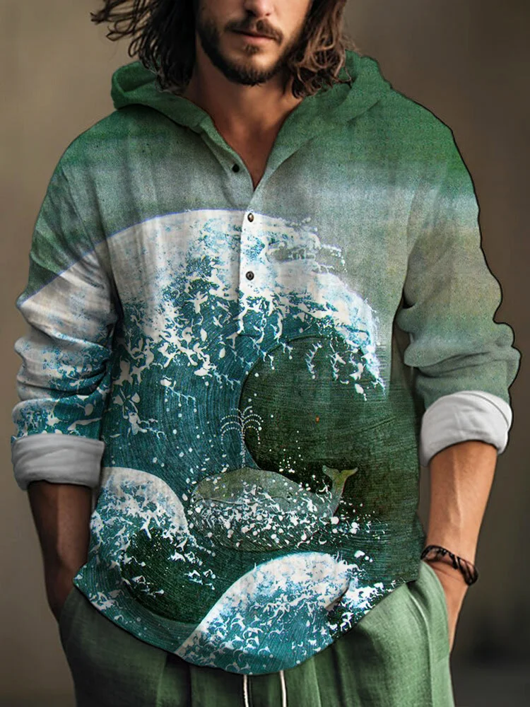 Wave & Whale Print Linen Hooded Shirt