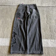 Hyhis Retro Hip Hop Goth Pattern Baggy Jeans Y2k Harajuku Black Pants Men Women High Waist Wide Leg Trousers Casual Streetwear