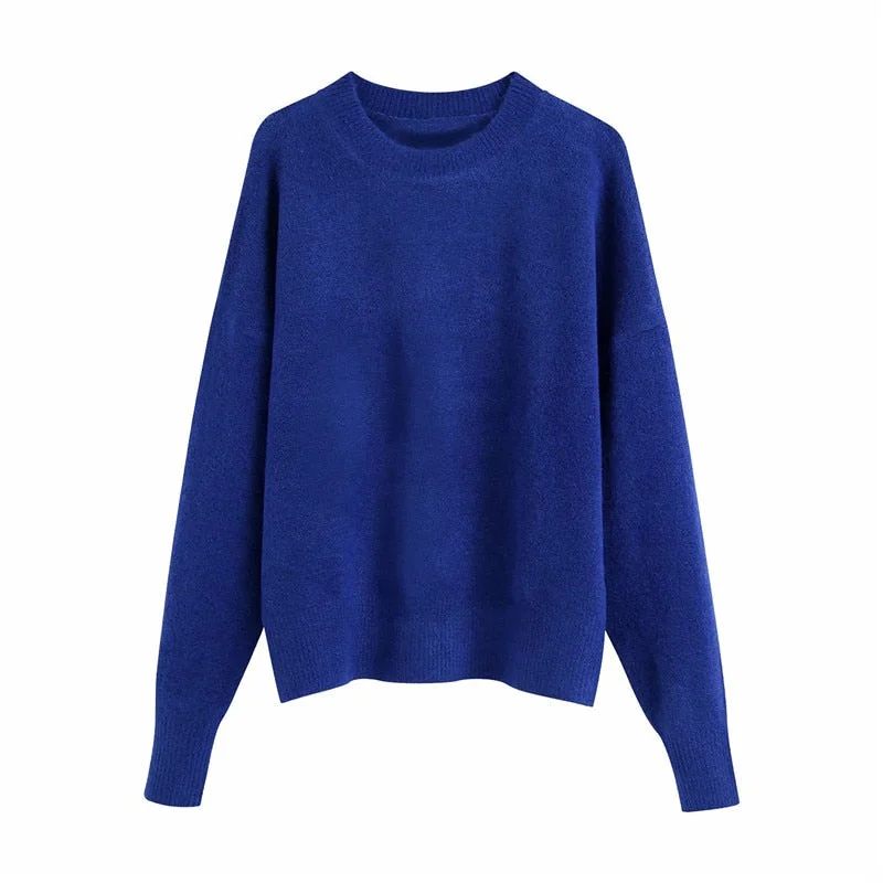 ZA 2021 Winter Blue Knit Sweater Woman Long Sleeve O Neck Ribbed Soft Sweaters Chic Knitted Tops Female Vintage Fitted Pullovers