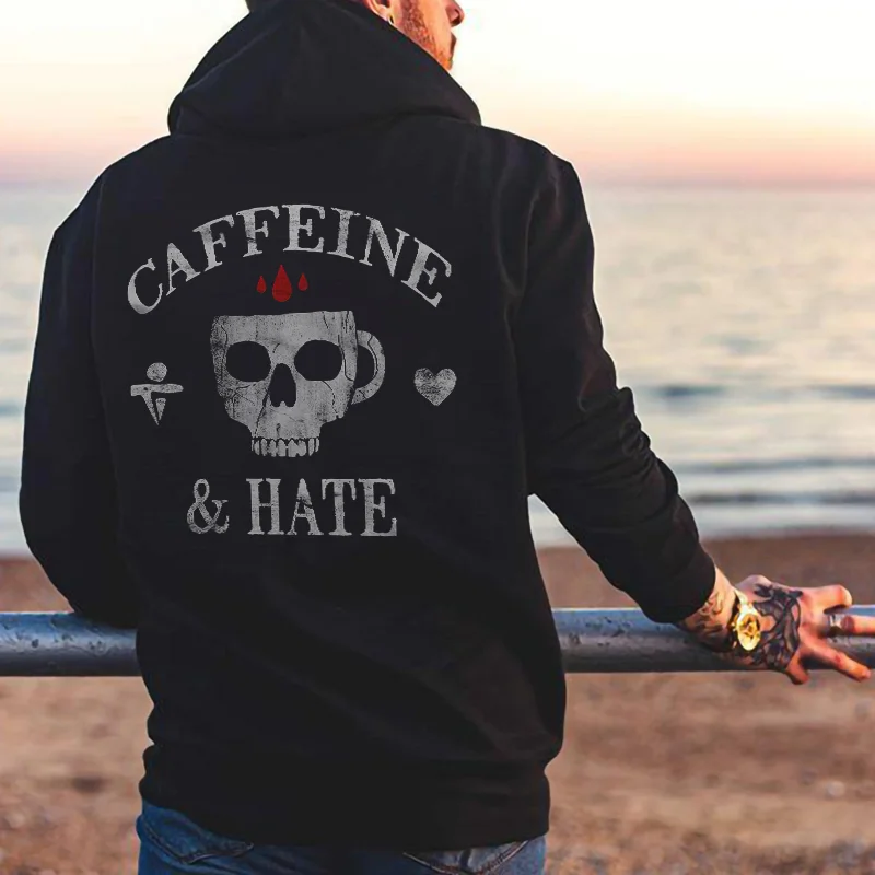 Caffeine And Hate Skeleton Cup Print Chic Men’s Hoodie -  
