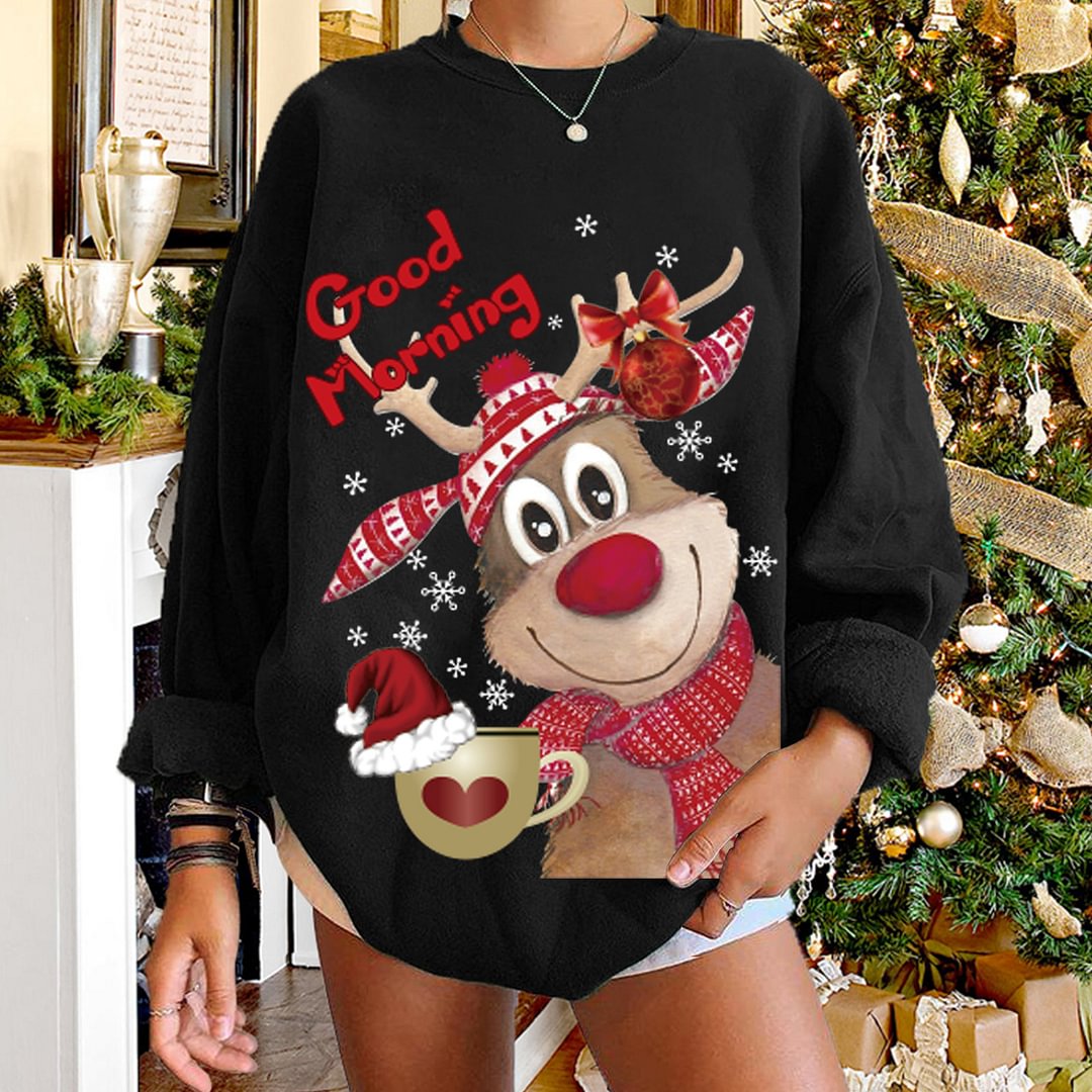 Good Morning Cute Reindeer Holding Coffee Print Women Sweatshirt