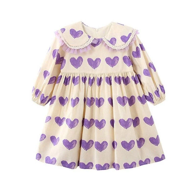 Mudkingdom Spring Heart Girls Dresses Long Sleeve Lace Peter Pan Collar Smocked Dress for Girl Cute Clothes Purple Love Autumn