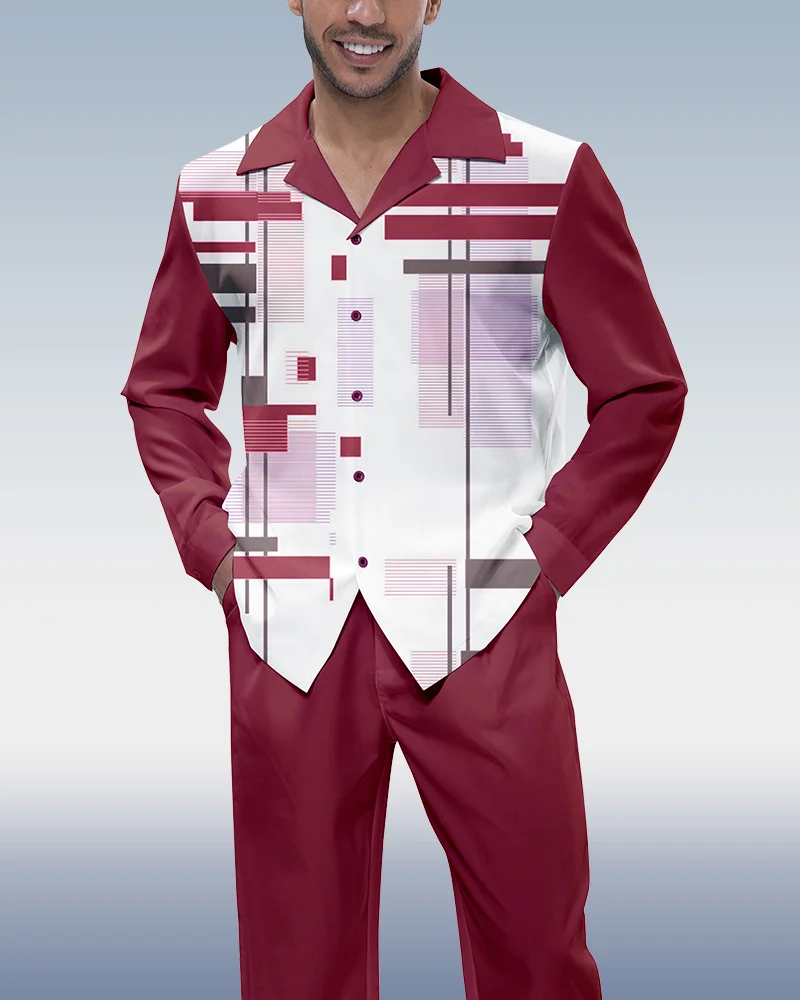 Suitmens Burgundy Geometric Print Walking Suit 2 Piece LongSleeve Set