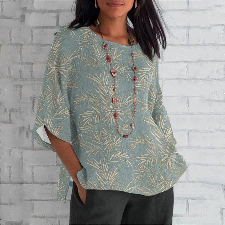 Floral Print Crew Neck Loose Linen Blend T-Shirt
