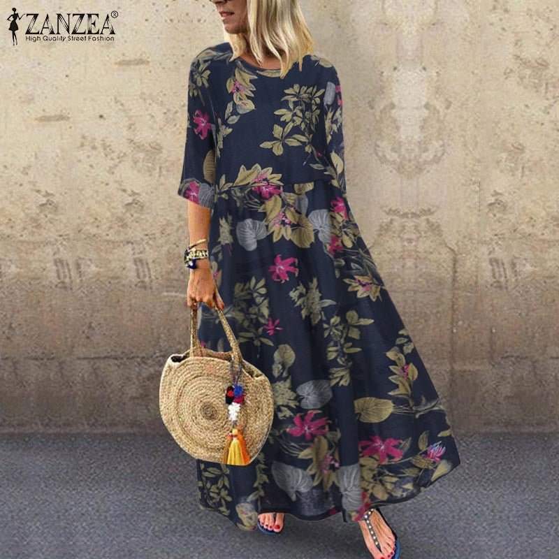 2022 Autumn Summer ZANZEA Pleated Dress Women Vintage Vestidos Robe Printed Long Maxi Dresses Femme 3/4 Sleeve Tunic