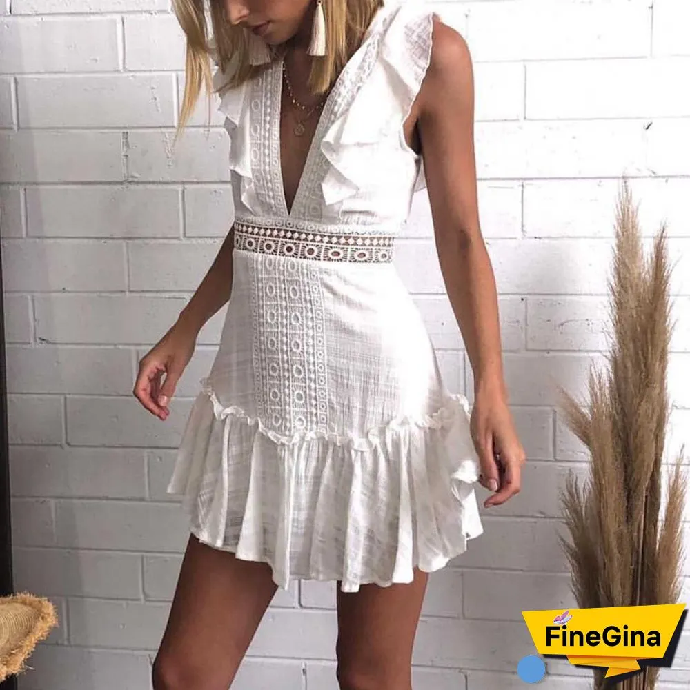 Ruffle Top Deep Plunging Eyelet Lace Crochet Frill Hem Dress