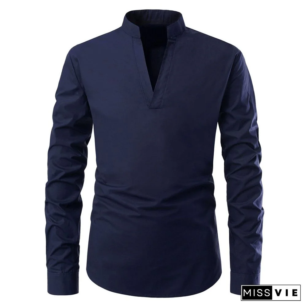 Casual Men Stand Collar Long Sleeve Shirt