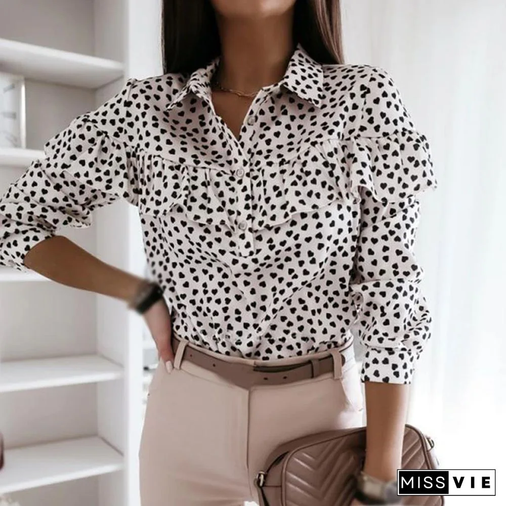 Women Autumn Long Sleeve V-Neck Pullover Tops Polka Dot Ruffle Blouse Shirts