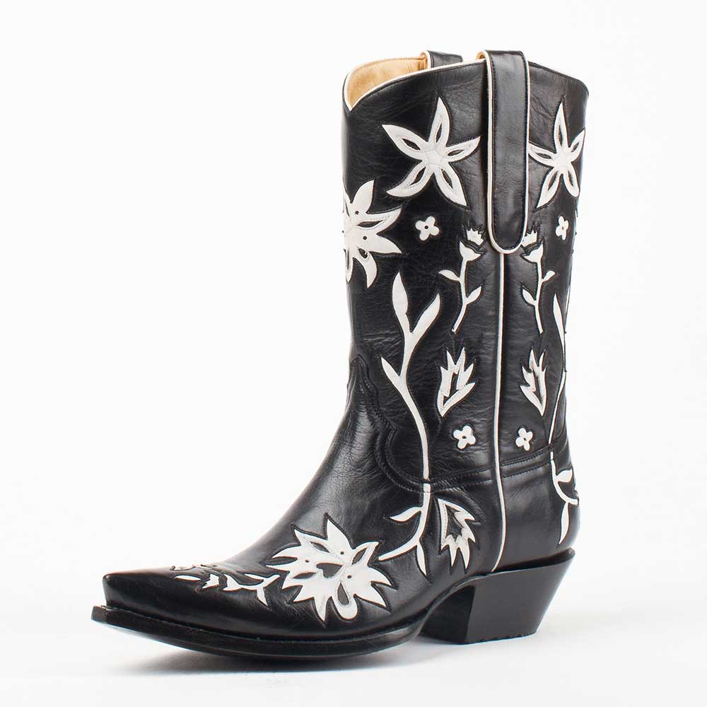 Black & White Flower Inlay Chunky Heel Cowgirl Boots with Pointed Toe Nicepairs