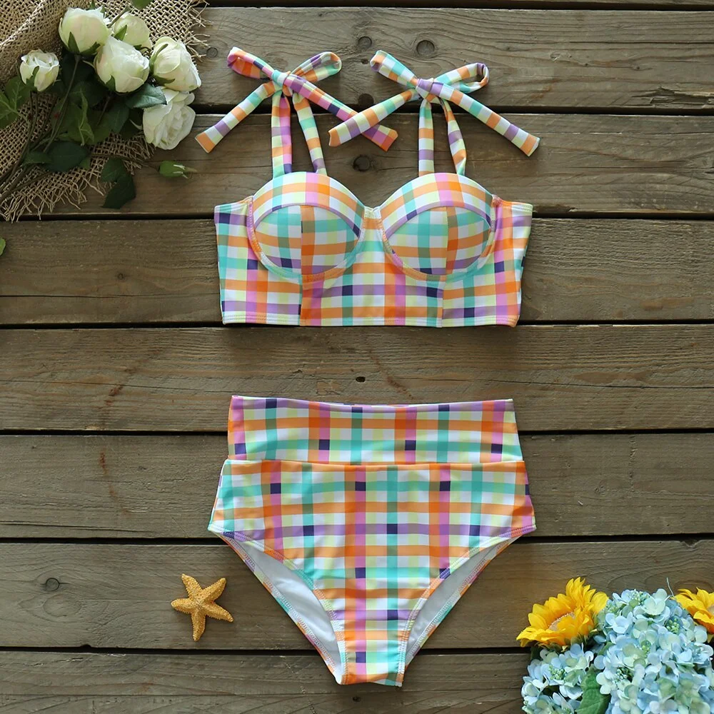2021 Sexy Colorful Plaid Bikini Set High Waist Swimwear Shoulder Strappy Bathing Suit Beachwear Biquini female