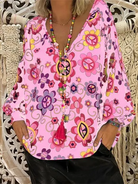 Women Loose Slim V-neck Print Puff Sleeve Long Sleeve T-shirt Tops