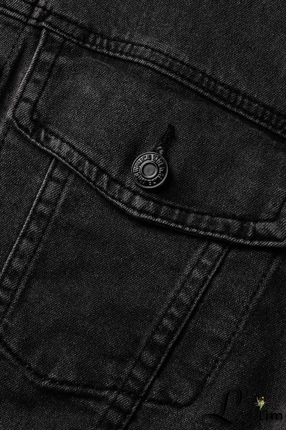 Black Yellow Street Print Make Old Patchwork Buckle Turndown Collar Long Sleeve Straight Denim Jacket