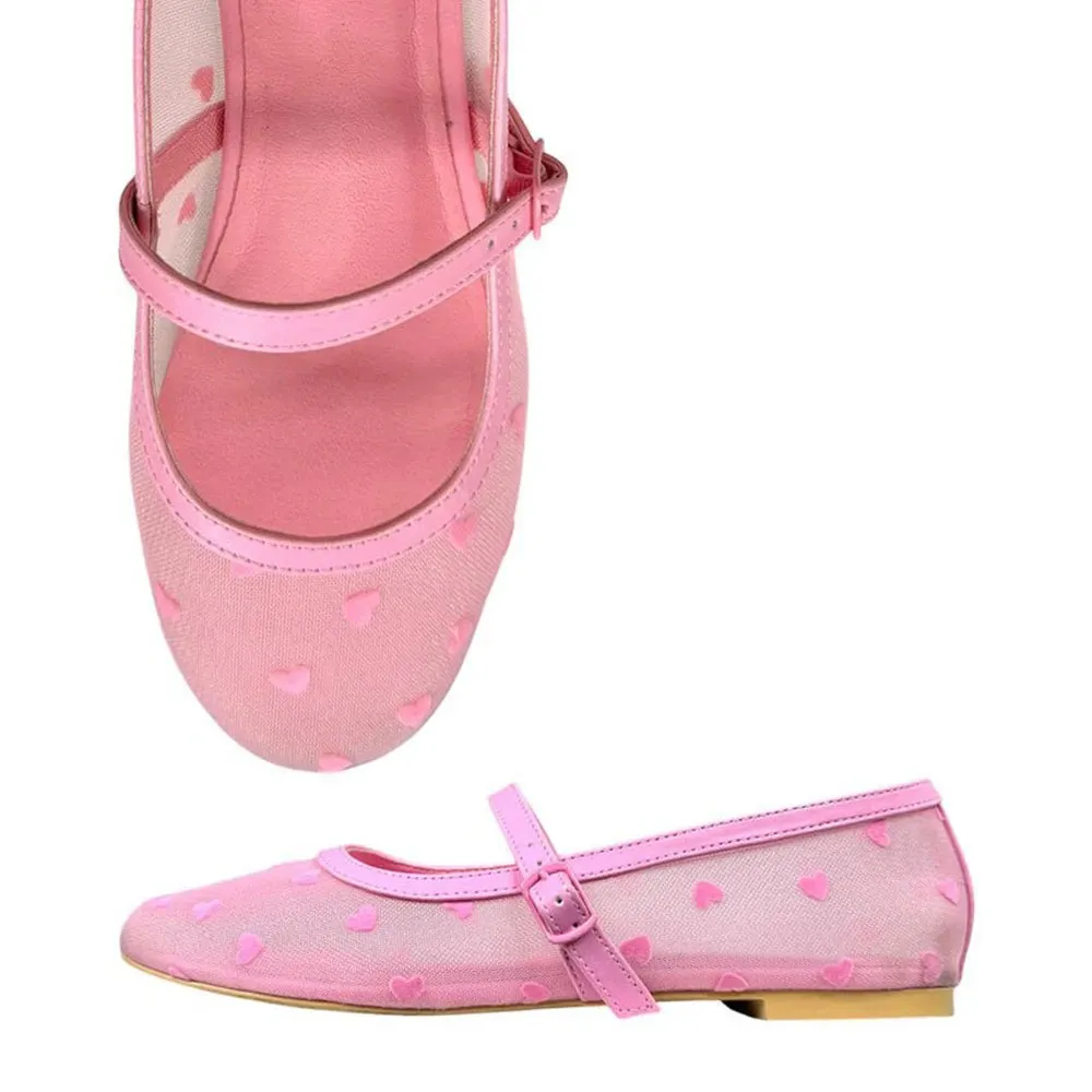 Pink Round Toe Velvet Flocked Hearts Comfy Mesh Flats with Buckle