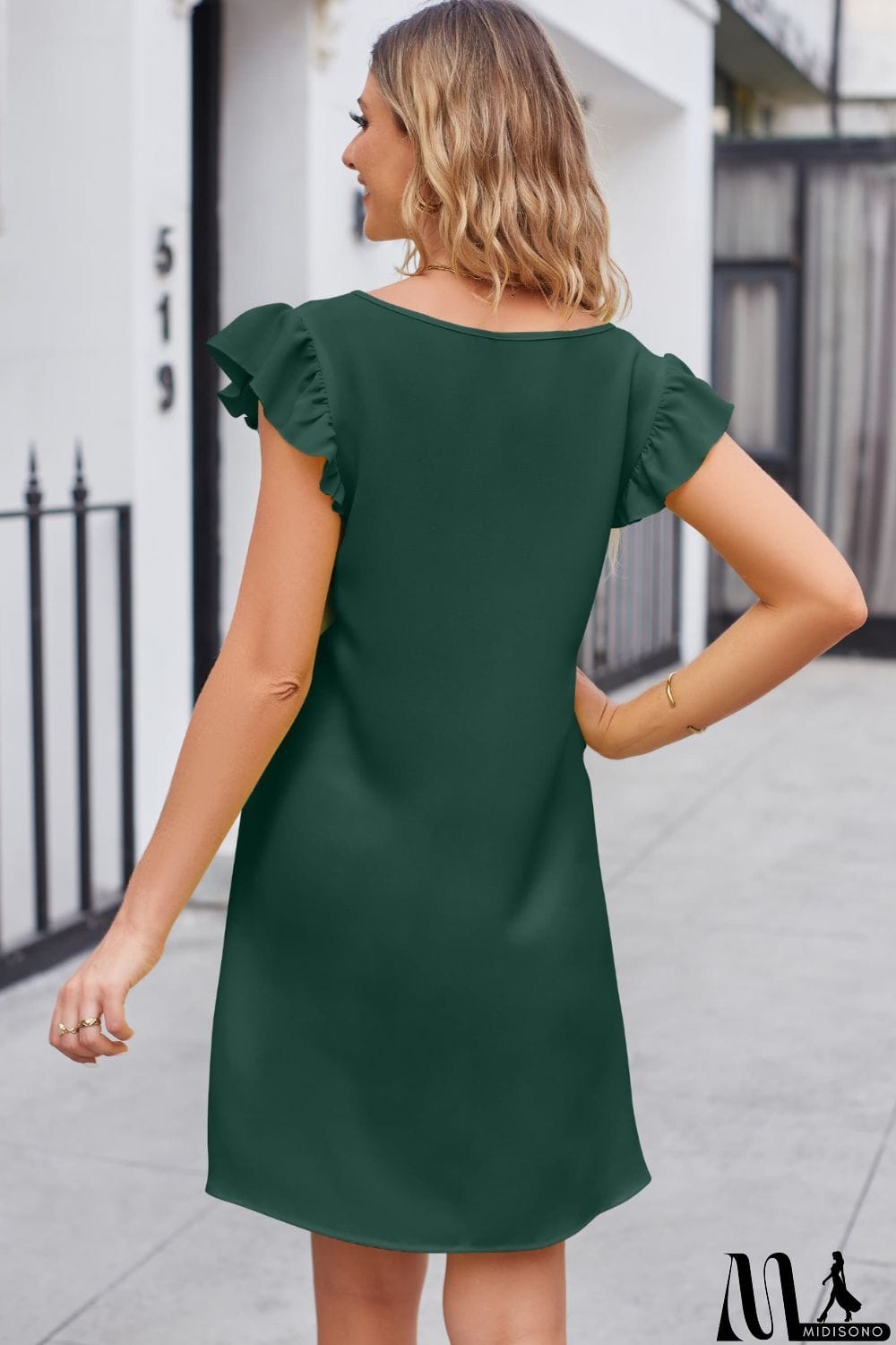 MidiSono - Ruffled V-Neck Flutter Sleeve Dress