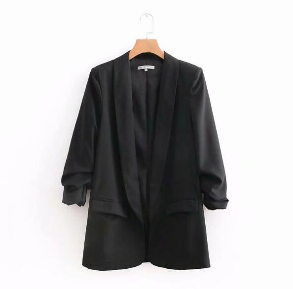 Chic Candy Solid Color Ruched Cuff Mid Long Blazer With Lining Woman Shawl Collar Slim fit Suit Casual Jacket Coat Outerwear