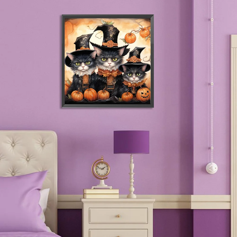 5D DIY Full Round Drill Diamond Painting Halloween Cat Pumpkin Kit Decor 30x30cm