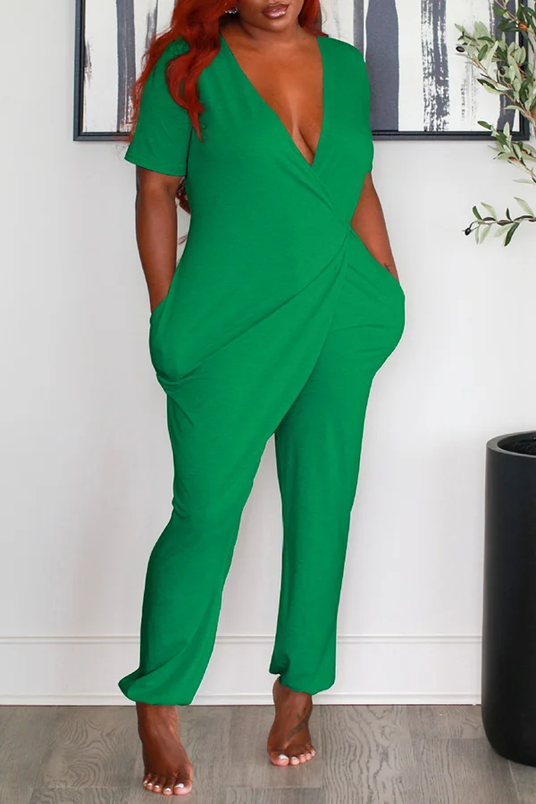 Solid Color Deep V-neck Jumpsuit