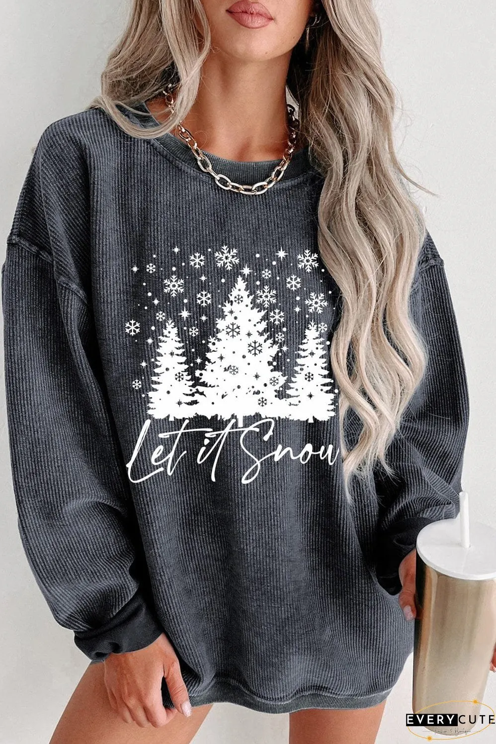 Festive Gray Snowflake Christmas Tree Corded Sweatshirt