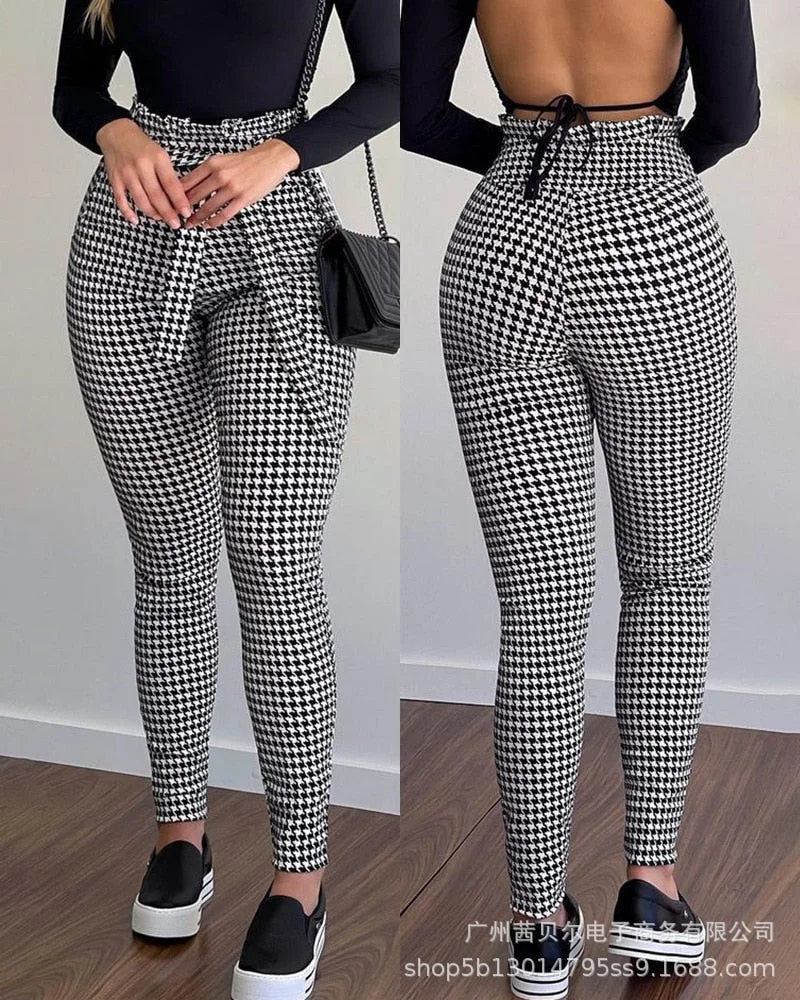 Graduation Gifts  2023 summer new black houndstooth pattern high-waist lace-up tights pants