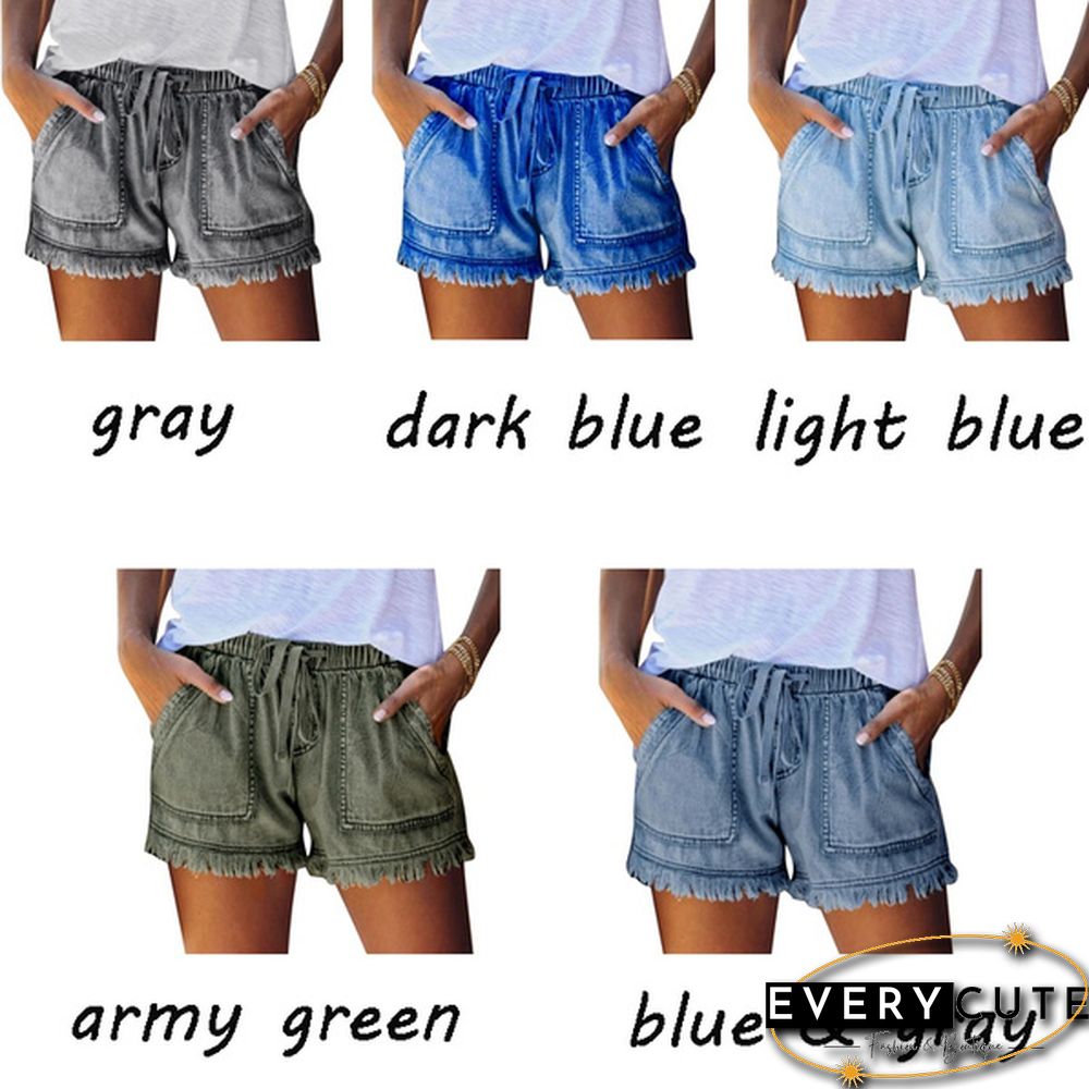 Ladies Elastic Waist Casual High Waist Slim Thin Denim Shorts Hot Pants