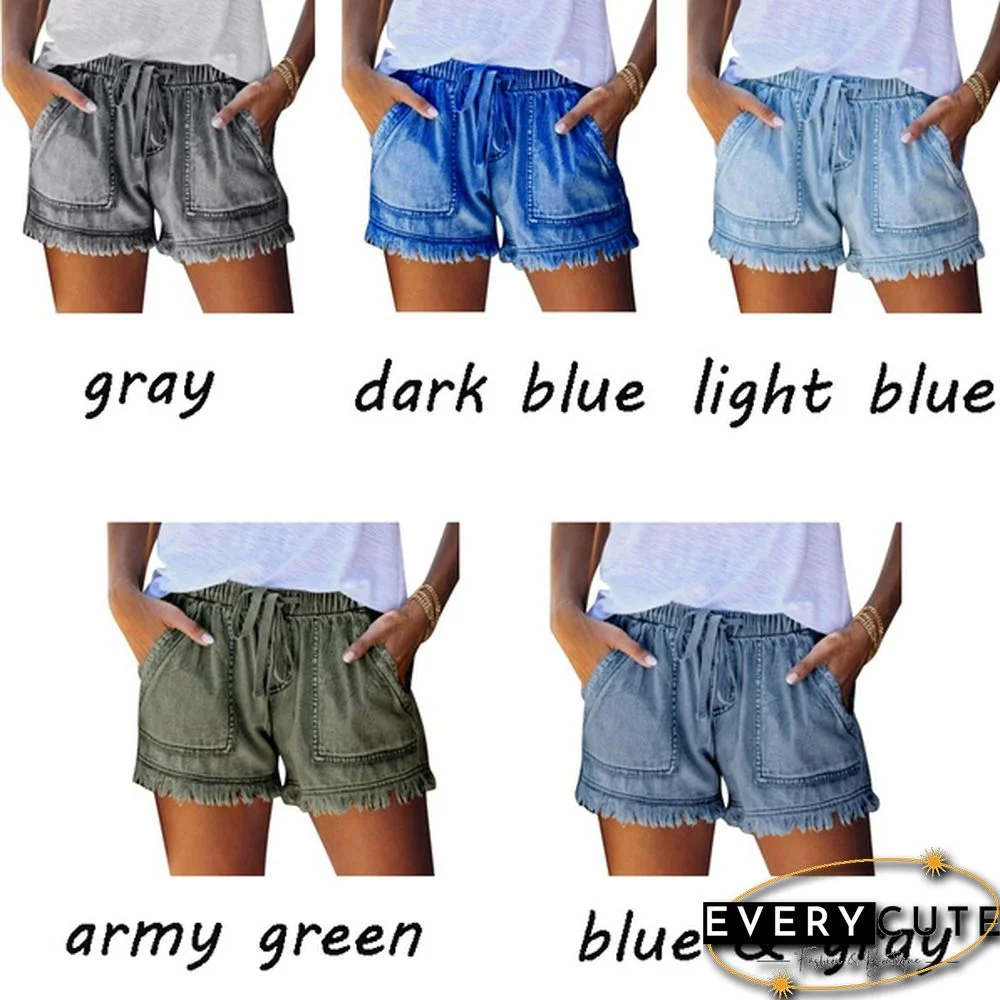 Ladies Elastic Waist Casual High Waist Slim Thin Denim Shorts Hot Pants
