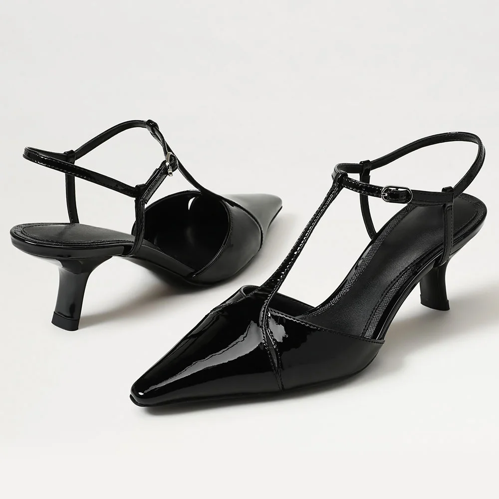 Patent Leather Pointed Toe T-Strap Chunky Heel Black Pumps with Buckle