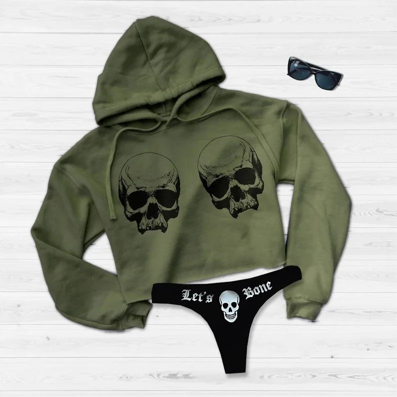 Fashion Skull Printed Sports Cropped Hoodie Suit Set