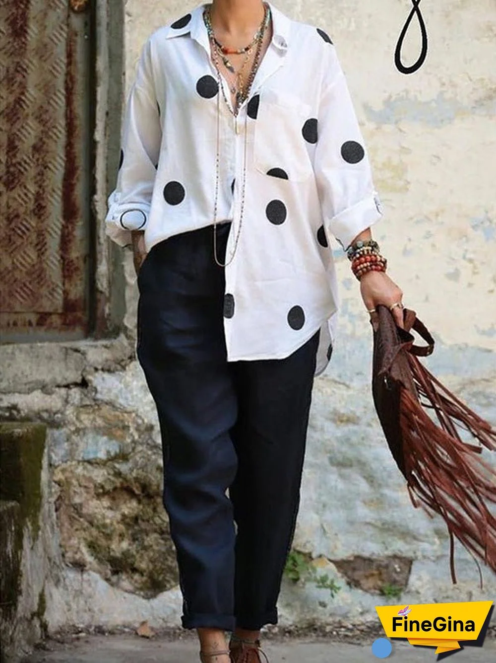Women'S Sets Polka Dot Button Shirt & Solid Pants Two Piece Set