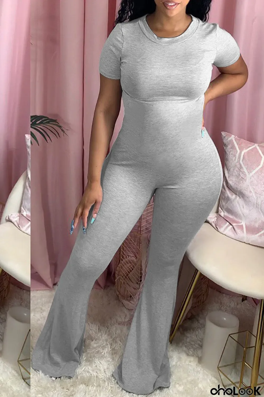 Grey Sexy Patchwork Solid Short Sleeve O Neck Jumpsuits