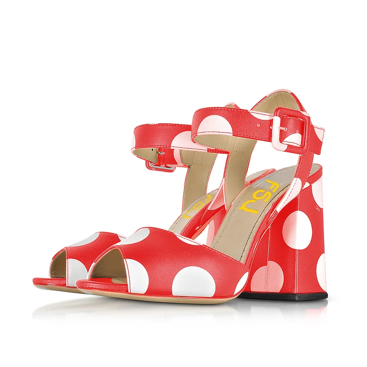 Polka Dots Block Heel Sandals Red Peep Toe Chunky Heels |FSJ Shoes