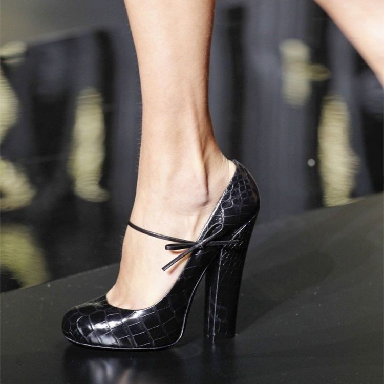 Black Croco Vegan Leather Mary Jane Pumps Chunky Heels Platform Pumps |FSJ Shoes