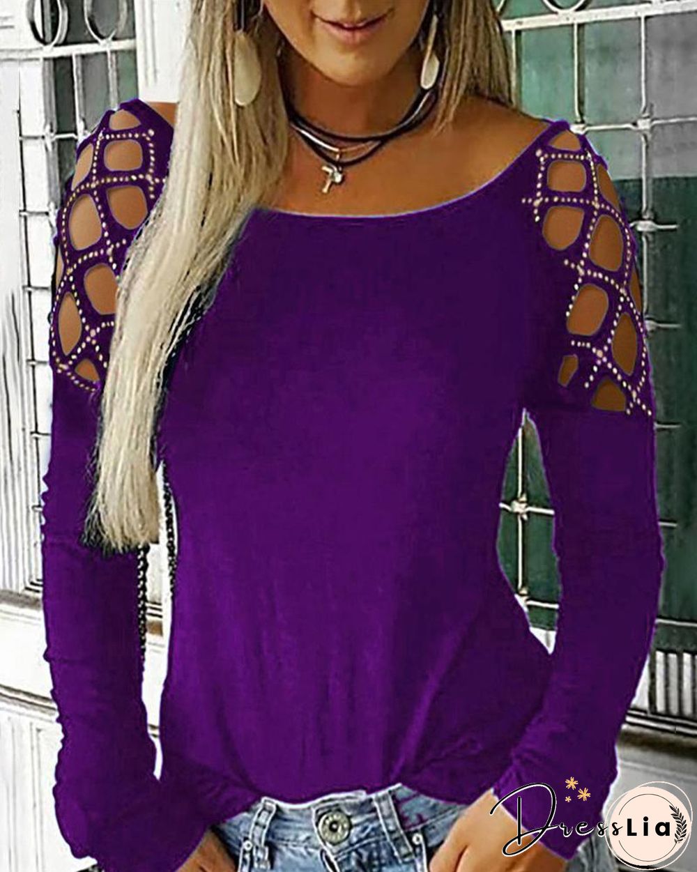 Studded Cutout Long Sleeve Casual Top P15627