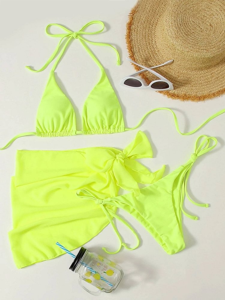 Sexy Solid Red Bikini Women Halter Cut Out Skirt 3 Piece Swimsuit Brazilian Bathing Suit High Waist Swimwear Traje De Bano