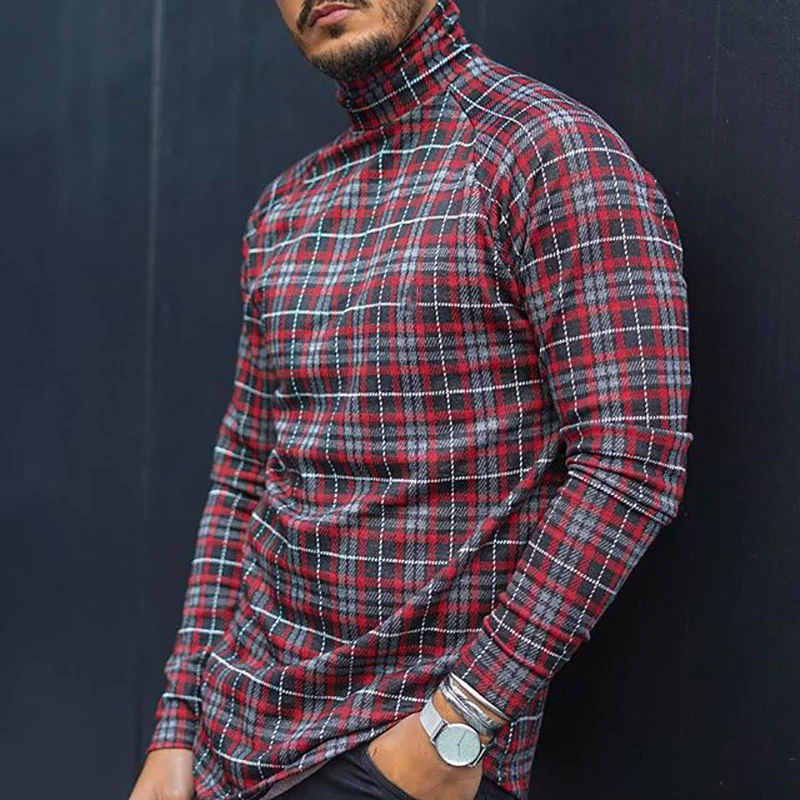 High Collar Contrast Plaid Men's Top
