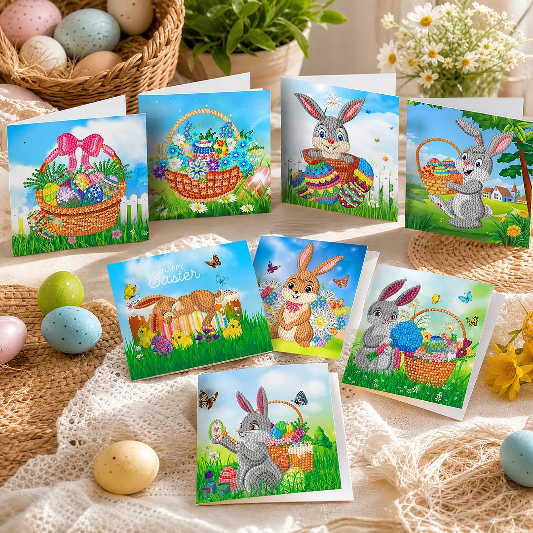 8PCS Outdoor Rabbit DIY Diamond Painting Greeting Card Kits with Envelopes Diamond Art Greeting Cards Diamond Art Cards Kits for Adults DIY Crafts Family Friend Gifts