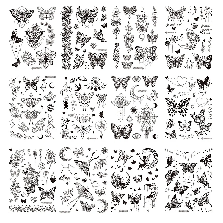 12 Sheets Black Butterfly Moon Flower Temporary Tattoo