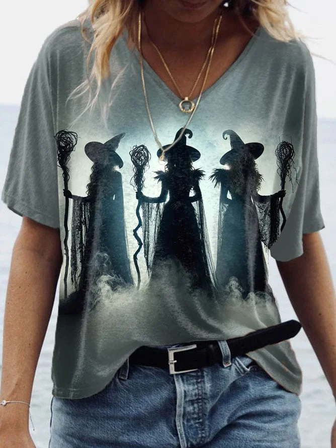 Women's Vintage Halloween Witch Print T-Shirt