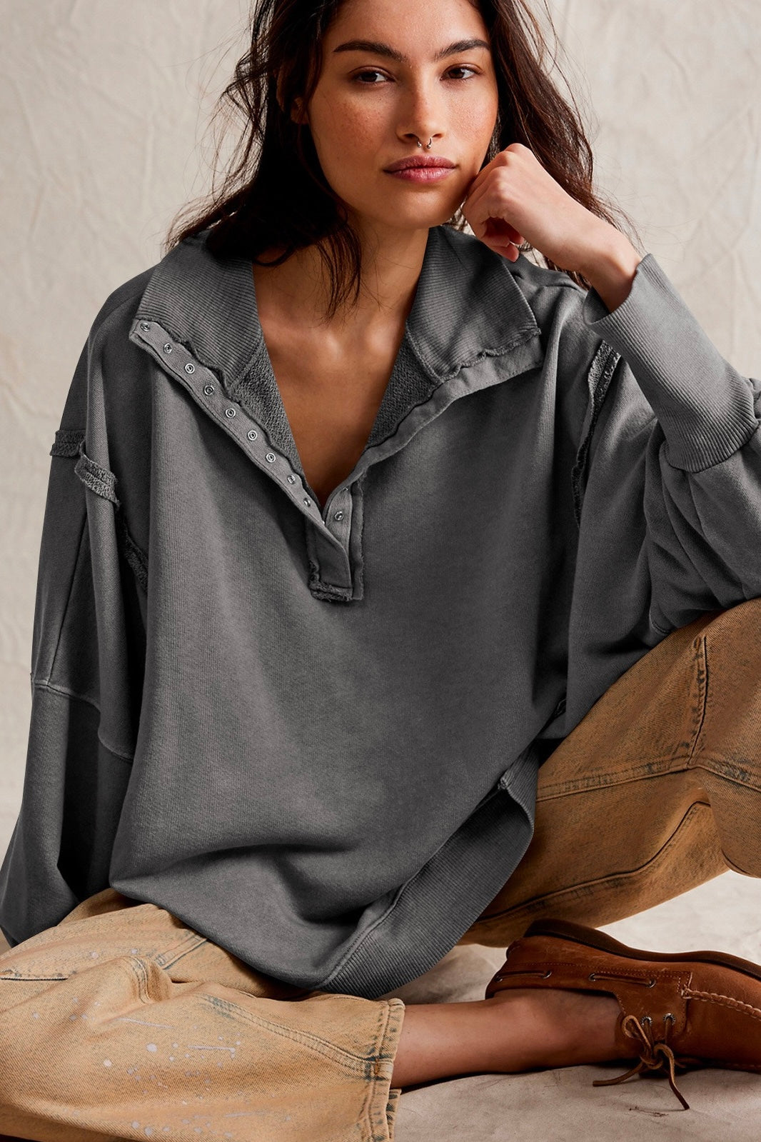Collared Bishop Neckline Oversized Sweatshirt