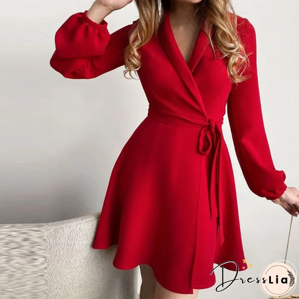 Women's Fashion Surplice V Neck Long Sleeve Mini Dress Casual Wrap Tunic Dress