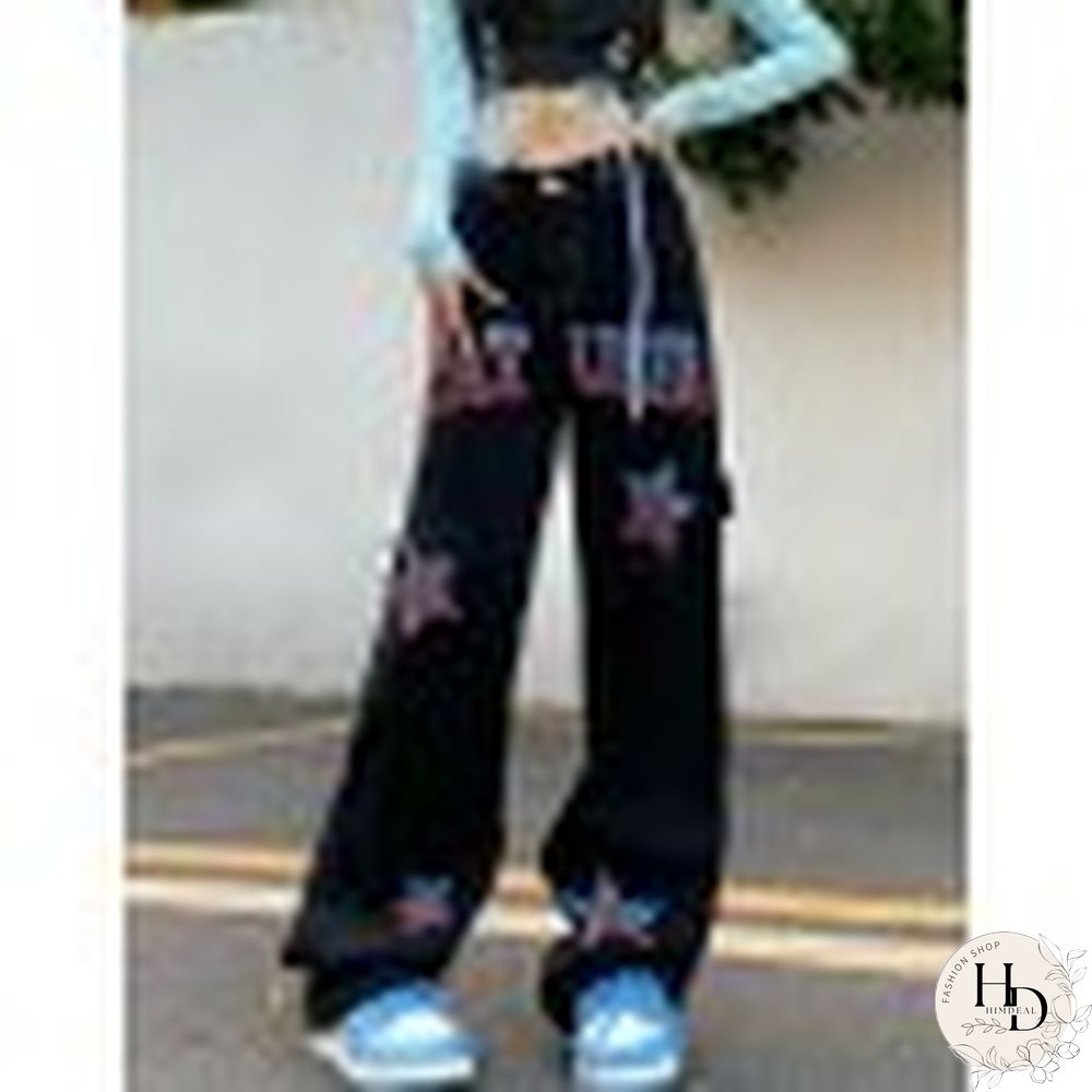 Hip Hop Loose American Star Print Distressed Cargo Jeans