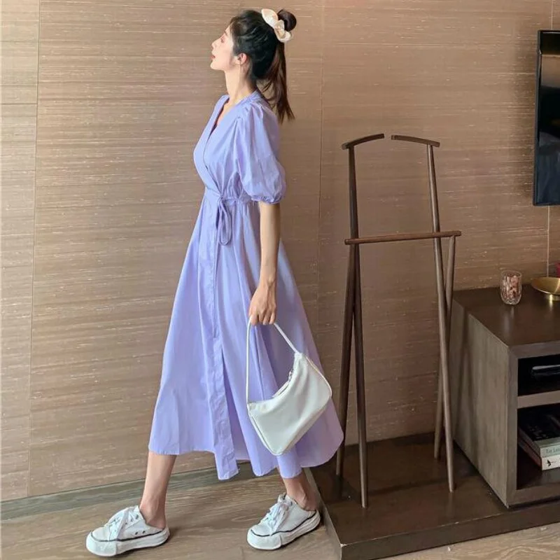 Dresses Sexy Women Summer Purple White V-Neck Solid Lace Up Waist Down Robe Female Puff Sleeve French Style Girls Sweet Popular