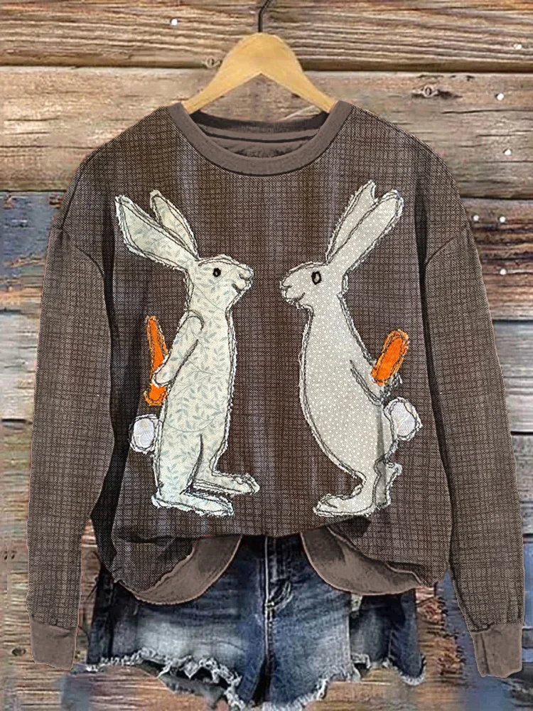 Comstylish Bunny & Plaid Pattern Cozy Vintage Sweatshirt