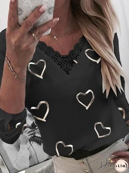 Love Printed Five-Point Sleeve V-Neck Lace Casual T-Shirt