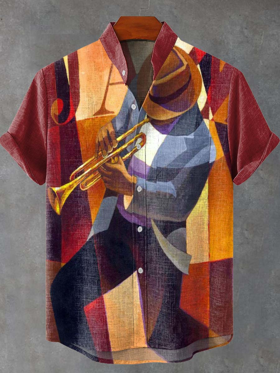 Vintage Jazz Trumpeter Decorative Pattern Casual 100% Cotton Shirt