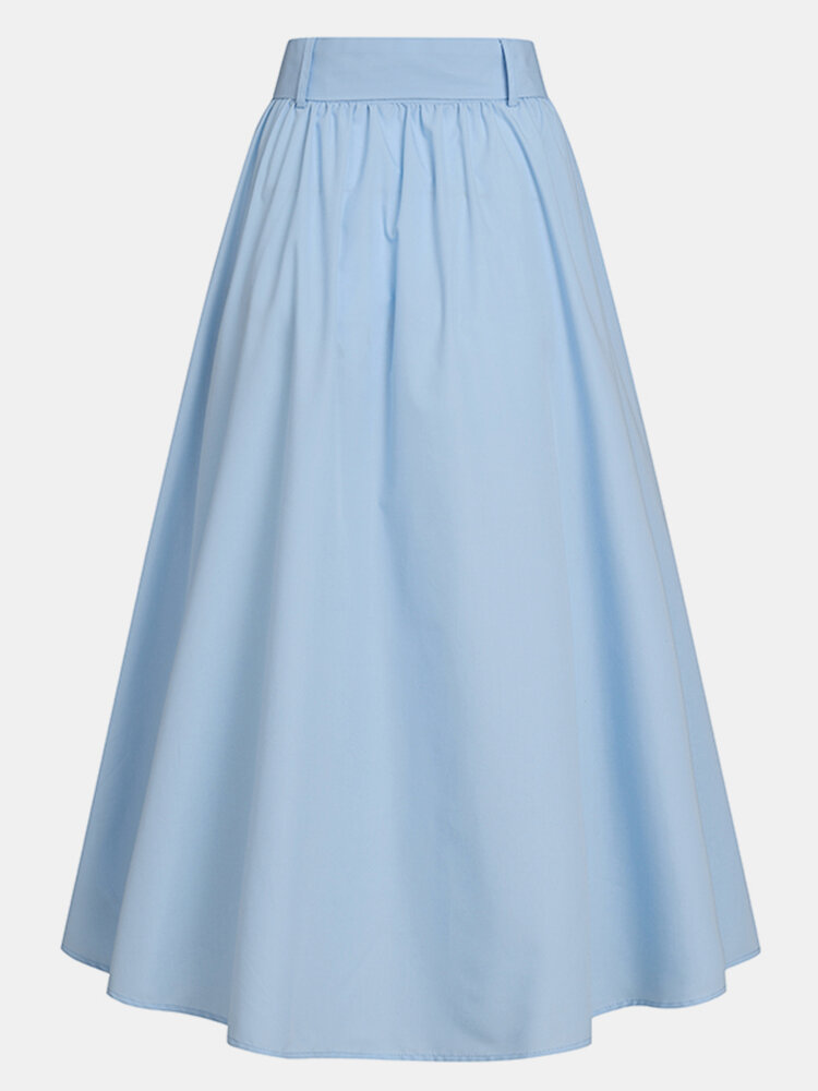 Solid Color Button Pocket Knotted Long Casual Skirt for Women
