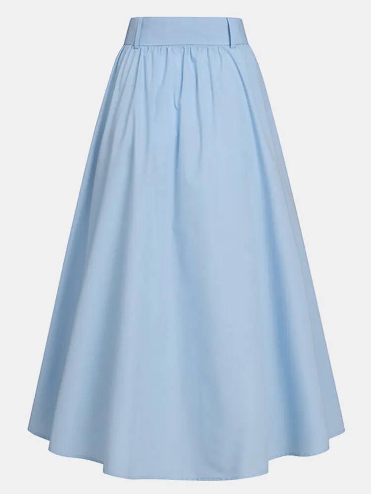 Solid Color Button Pocket Knotted Long Casual Skirt for Women