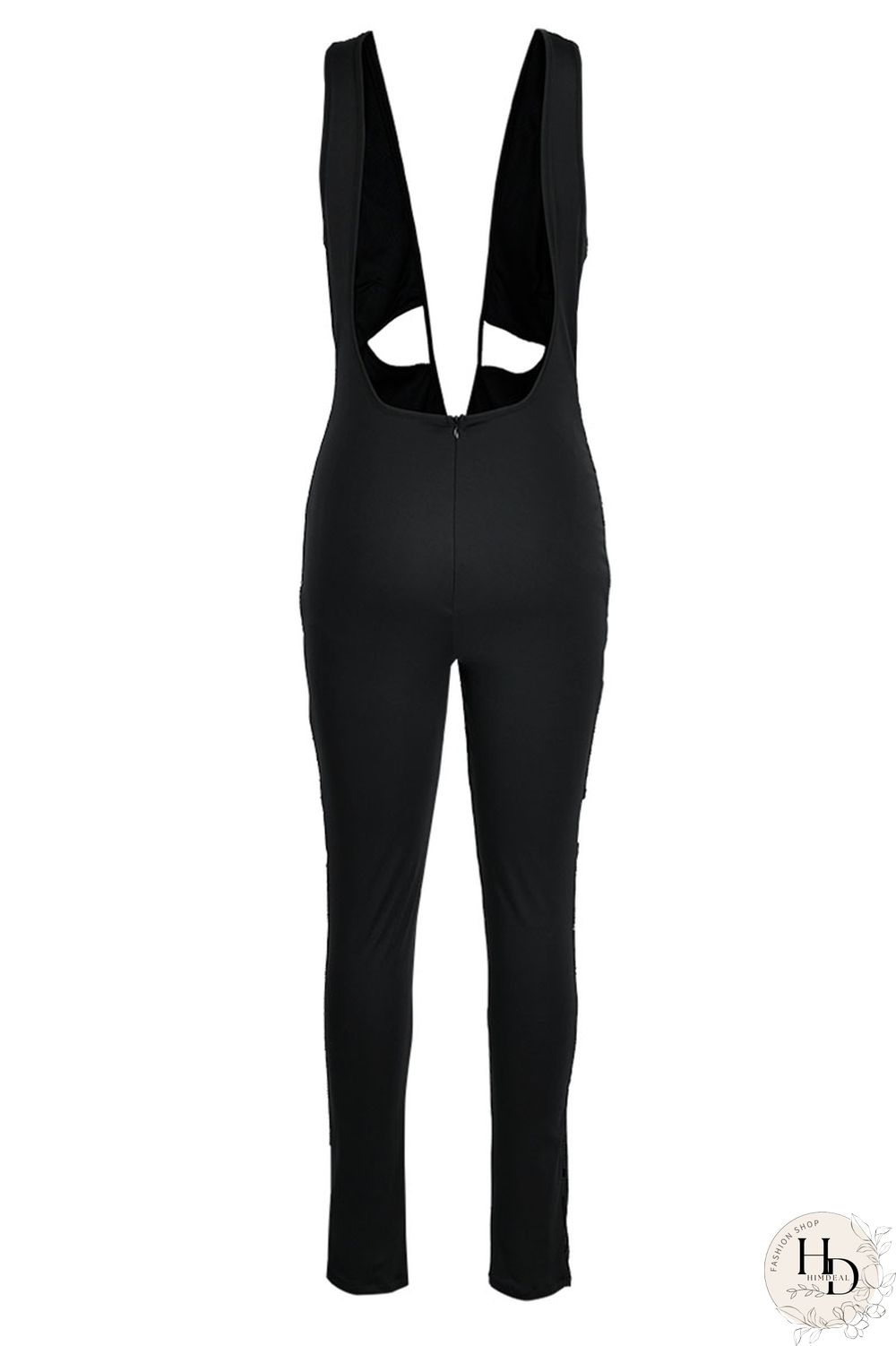 Black Sexy Solid Hollowed Out Patchwork Spaghetti Strap Skinny Jumpsuits