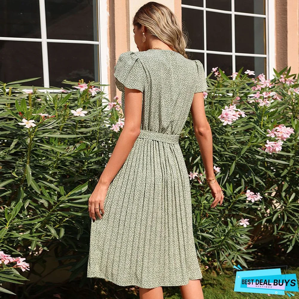Printed Green Pleated V-Neck Dress
