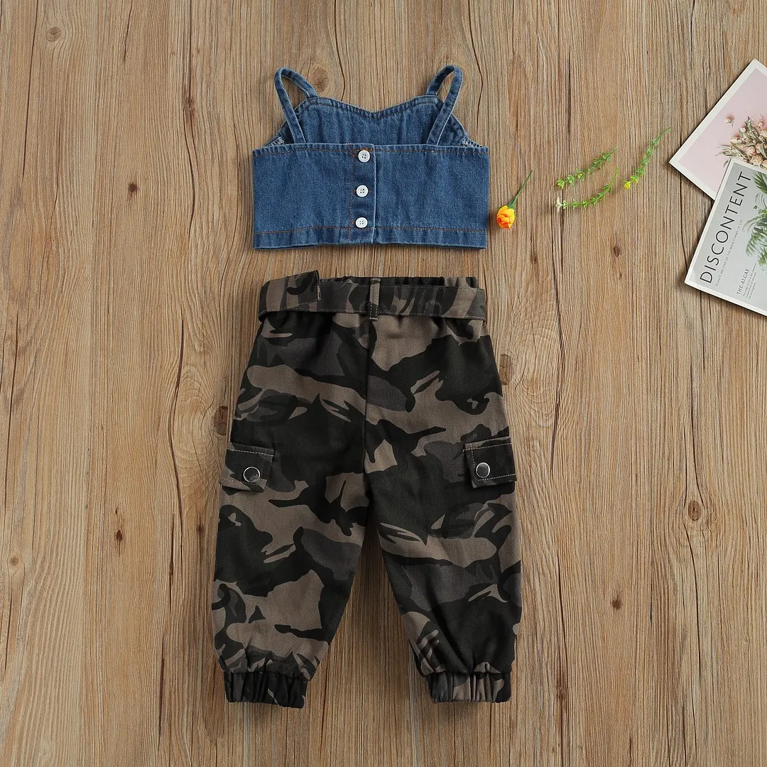 2021 Baby Summer Clothing 2Pcs Toddler Baby Girl Summer Outfits, Casual Button Down Denim Crop Tank Tops + Camouflage Pants Set