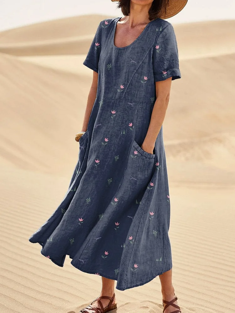 Small Meadows Floral Repeat Pattern Printed Women's Linen Pocket Dress